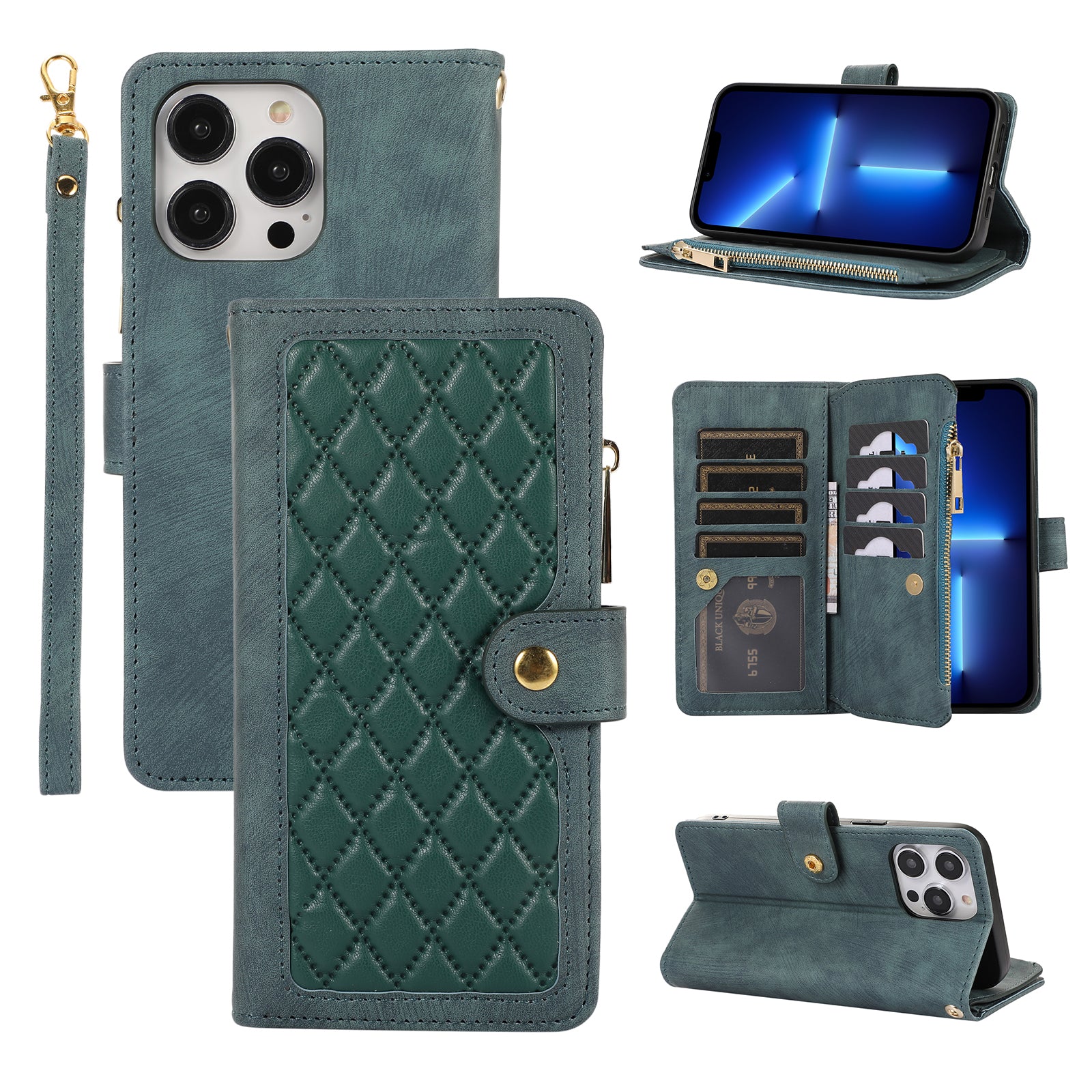 For iPhone 13 Pro Max 6.7 inch Rhombus PU Leather Case Multiple Card Slots Zipper Pocket Stand Phone Cover For iPhone 13 Pro Max 6.7 inch Rhombus PU Leather Case Multiple Card Slots Zipper Pocket Stand Phone Cover